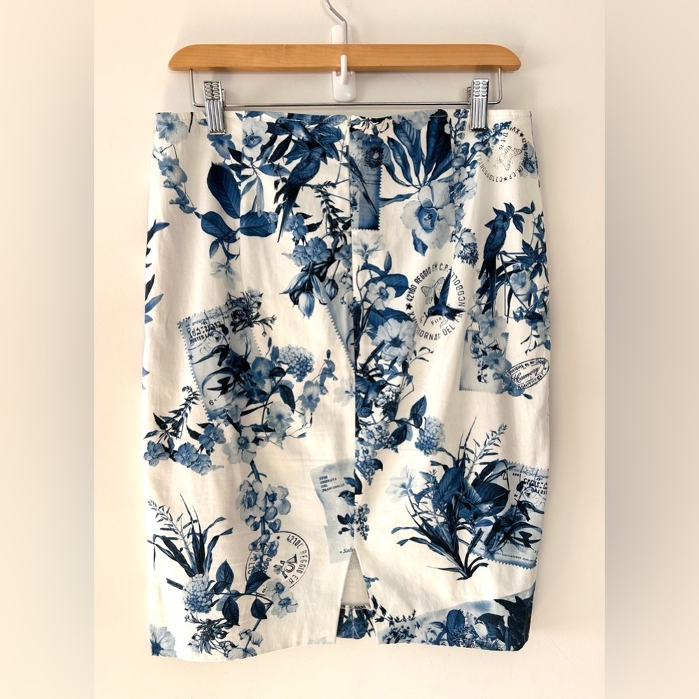 RIANI Designer Botanical Postcard Print Skirt Blue White Toile Size 8 - Picture 4 of 7